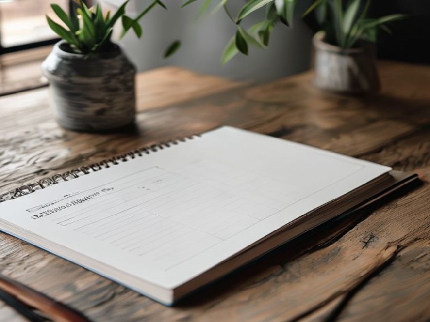 Desk showing planning notebook with habit tracker and weekly calendar