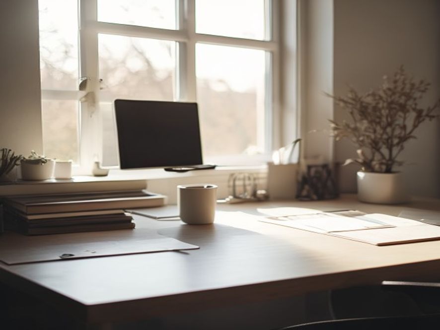 Minimalist desk setup with clearly organised items and environmental cues for productivity