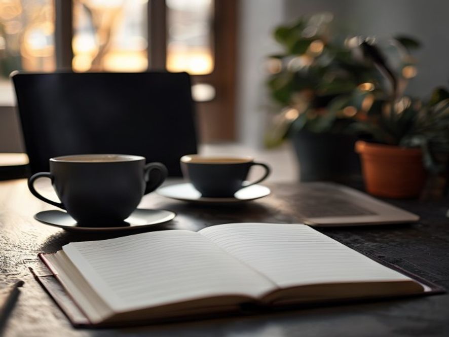 Professional workspace with notebook and coffee, representing focus and productivity