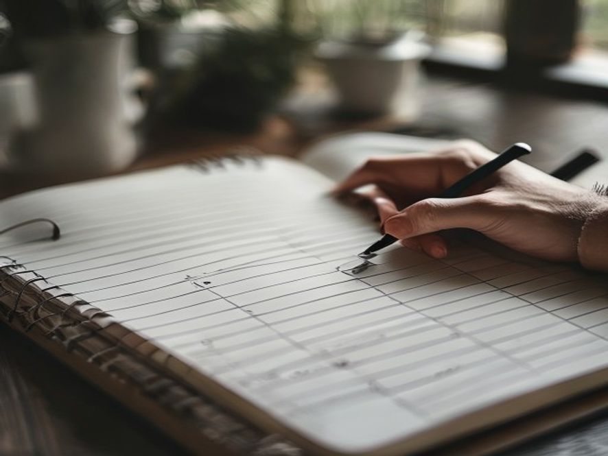 Handwritten daily schedule showing structured time blocks for morning, work, lunch and evening routines