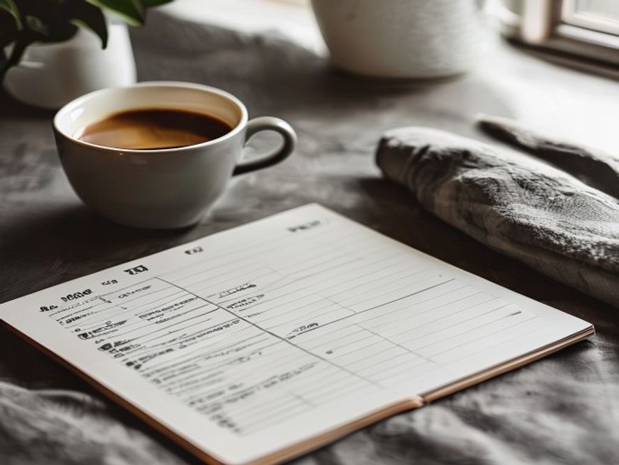 Daily planner on desk showing morning, midday and evening routine blocks